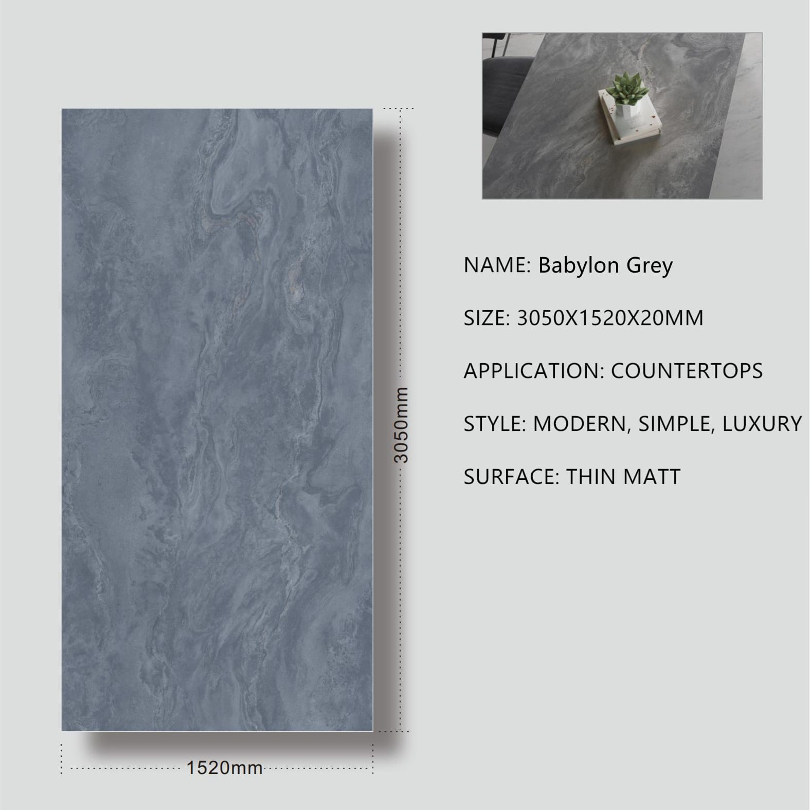 1. Babylon Grey Sintered Stone Thin Matt 20mm