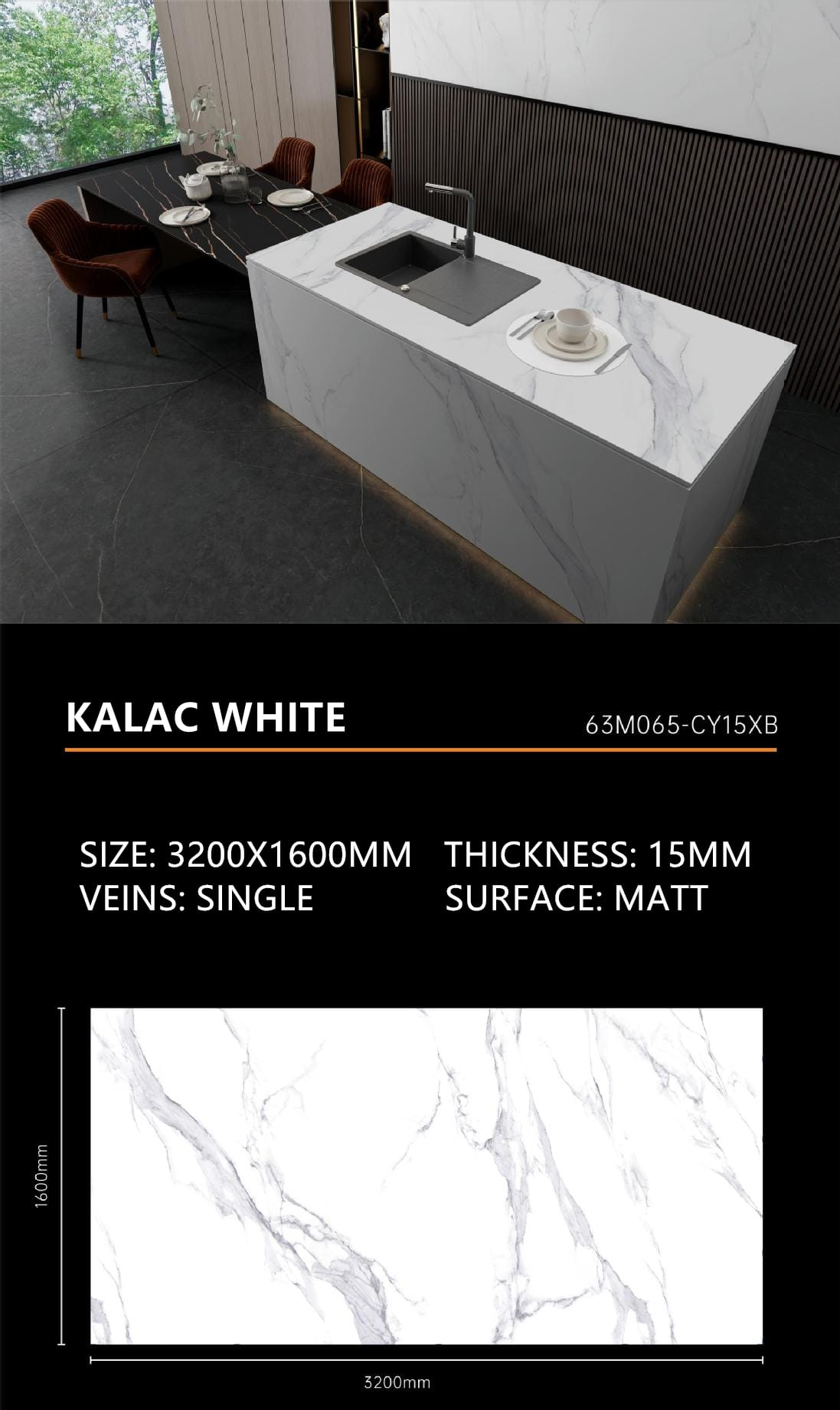 12. Kalac White Sintered Stone Matt 15mm Slab