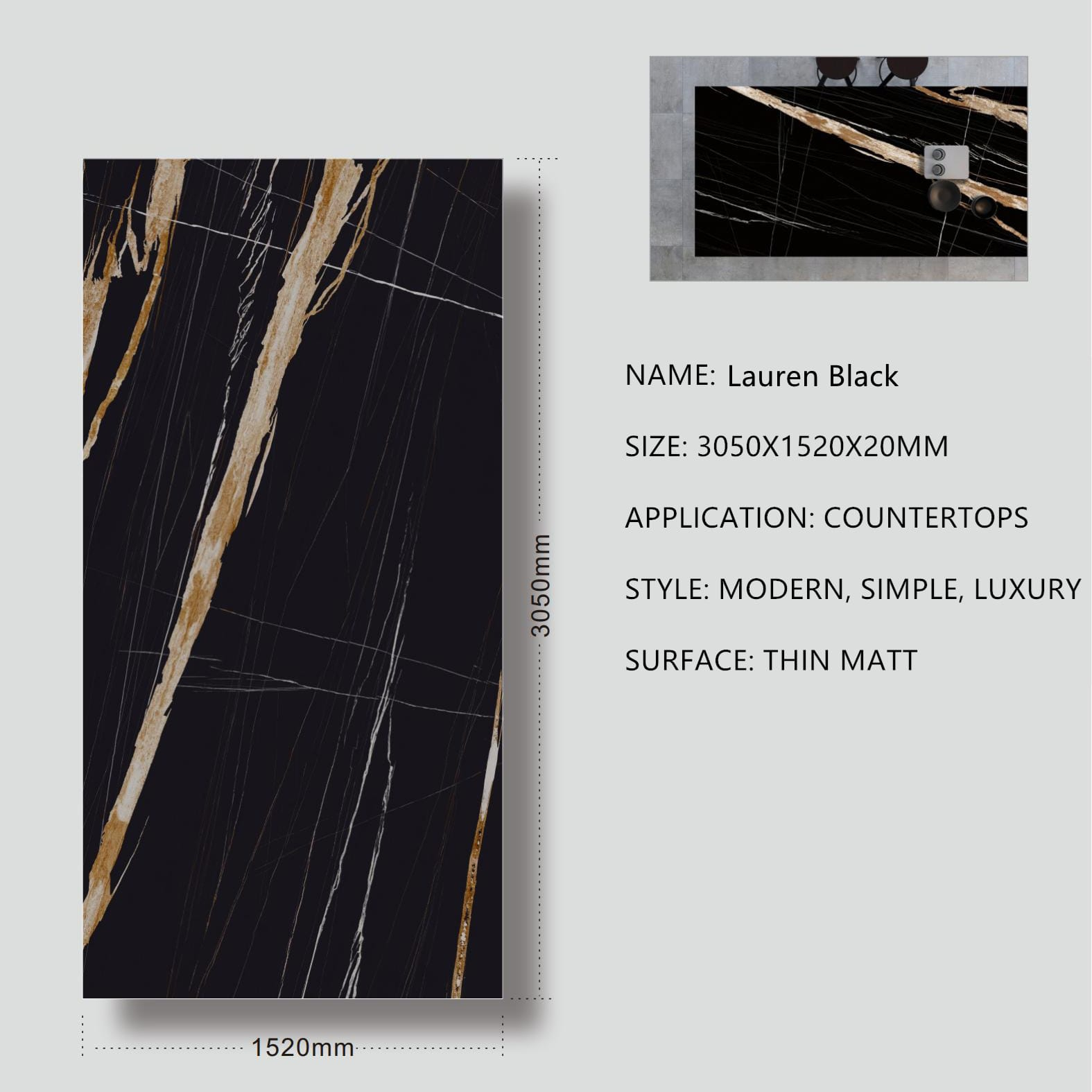 12. Lauren Black Sintered Stone Thin Matt 20mm