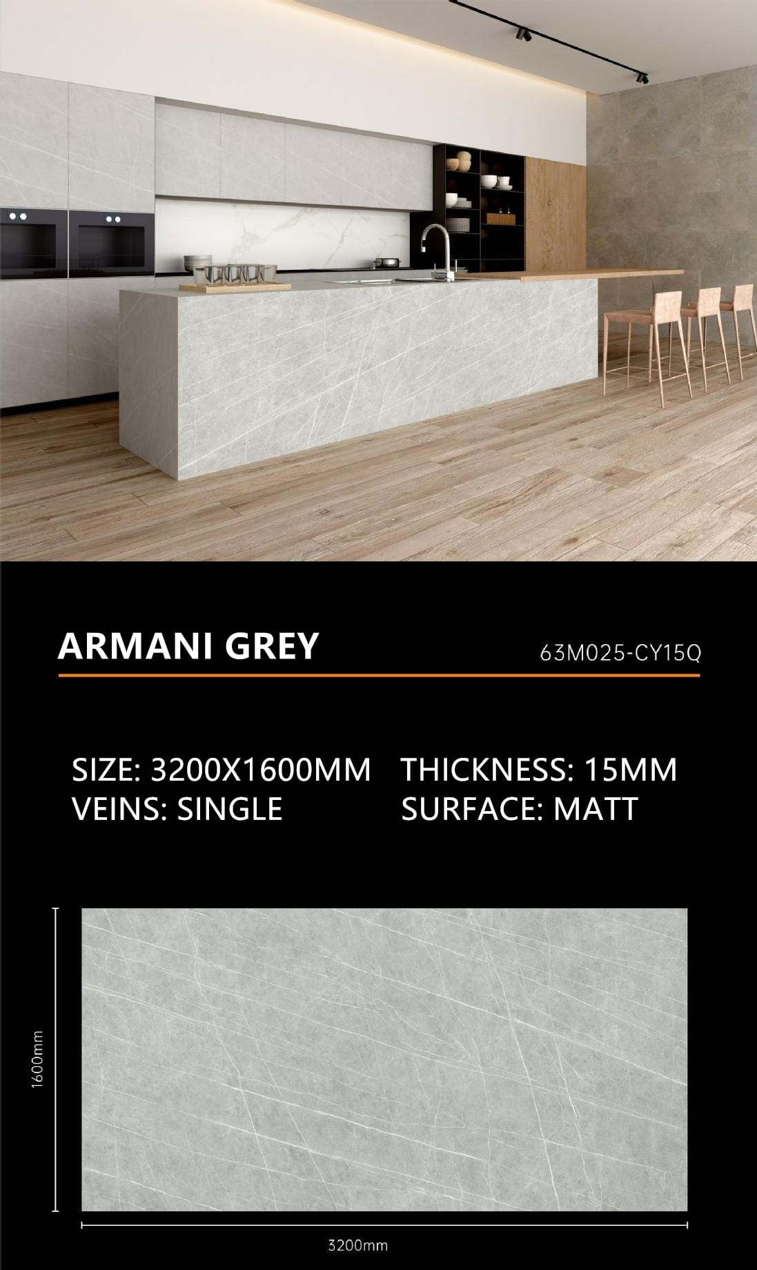 13. Armani Grey Sintered Stone Matt 15mm Slab