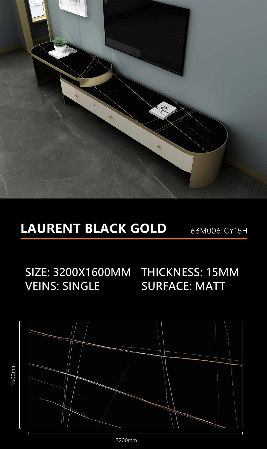 18. Laurent Black Gold Sintered Stone Matt 15mm Slab