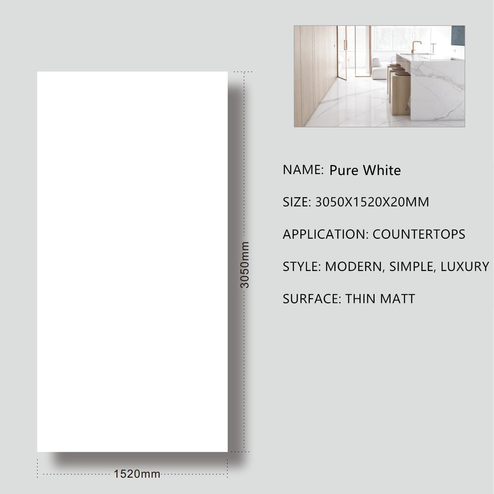 2. Pure White Sintered Stone Thin Matt 20mm