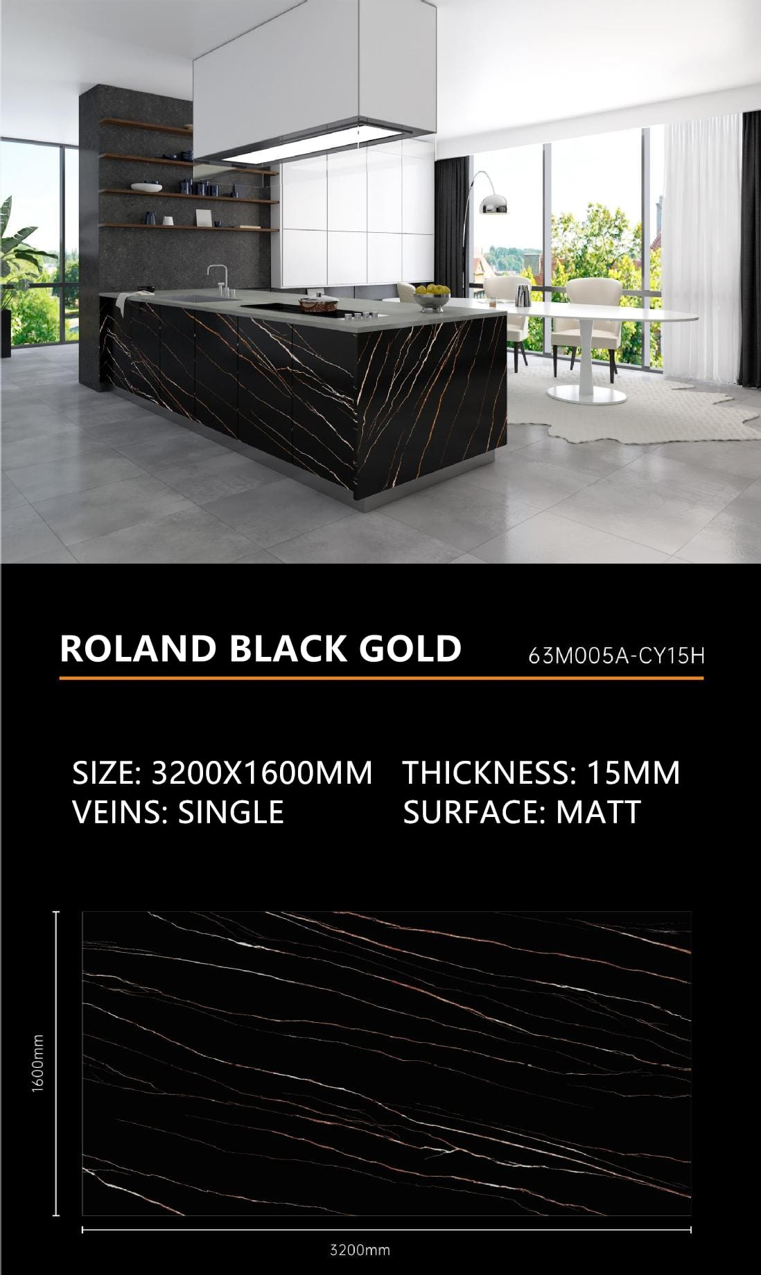 23. Roland Black Gold Sintered Stone Matt 15mm Slab