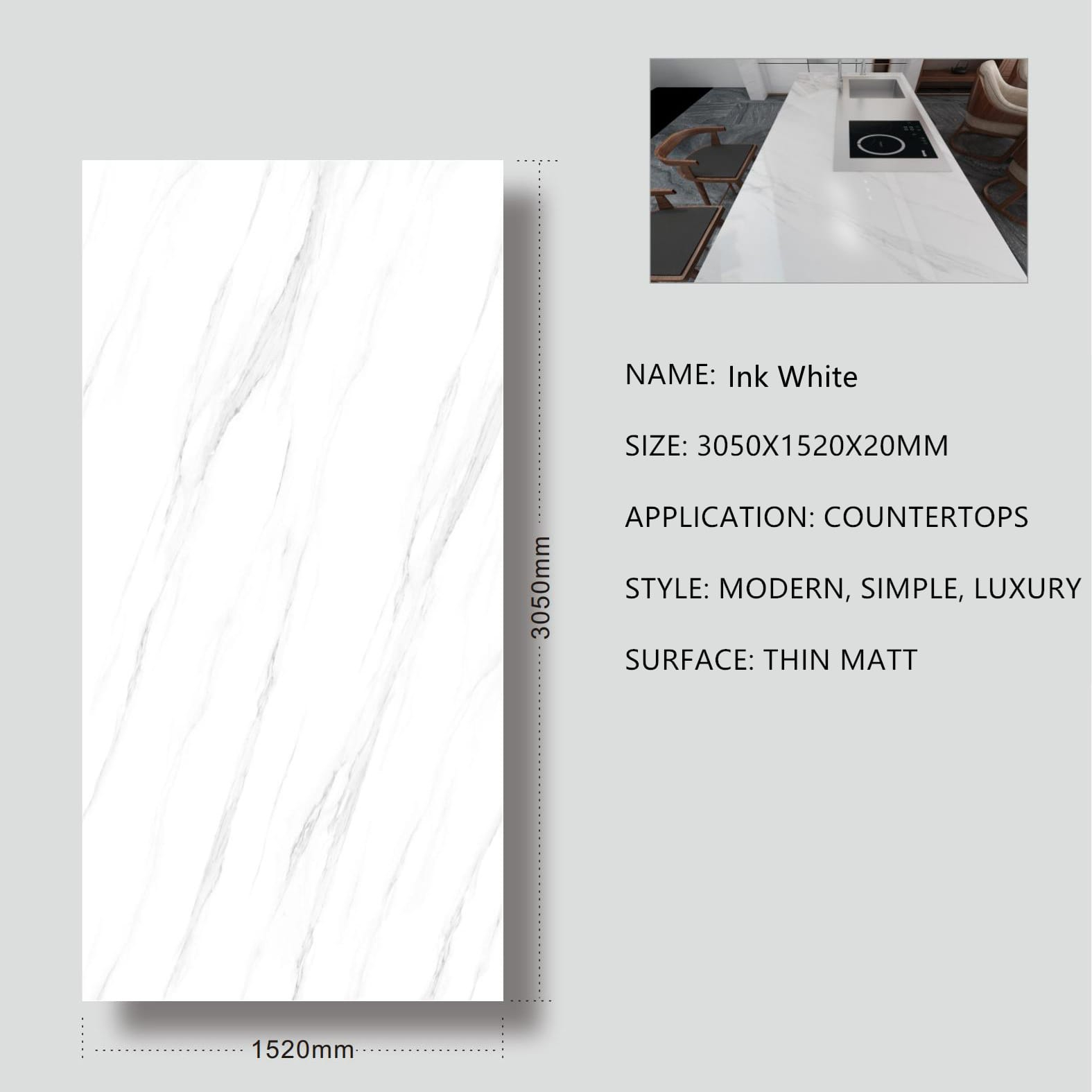 3. Ink White Sintered Stone Thin Matt 20mm