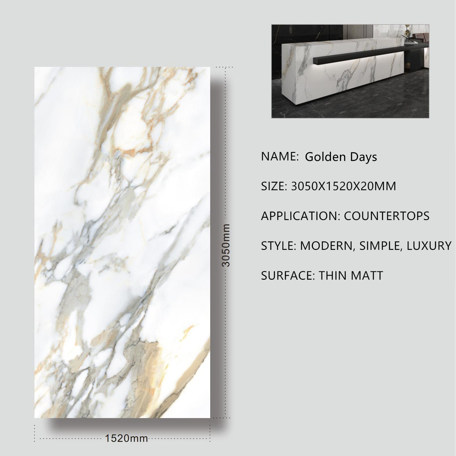 7. Golden Days Sintered Stone Thin Matt 20mm