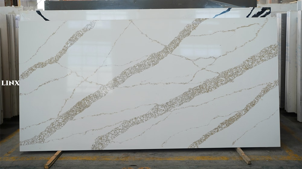 LX102 CALACATTA WHITE QUARTZ STONE FEATURE LINX SURFACES