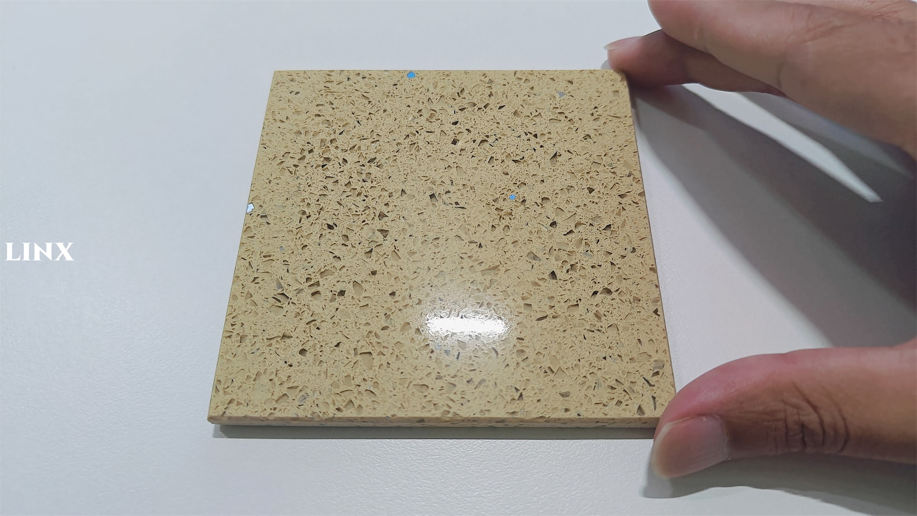 LX1202 SPARKLE BEIGE QUARTZ STONE SAMPLE CLOSE UP 1 - LINX SURFACES