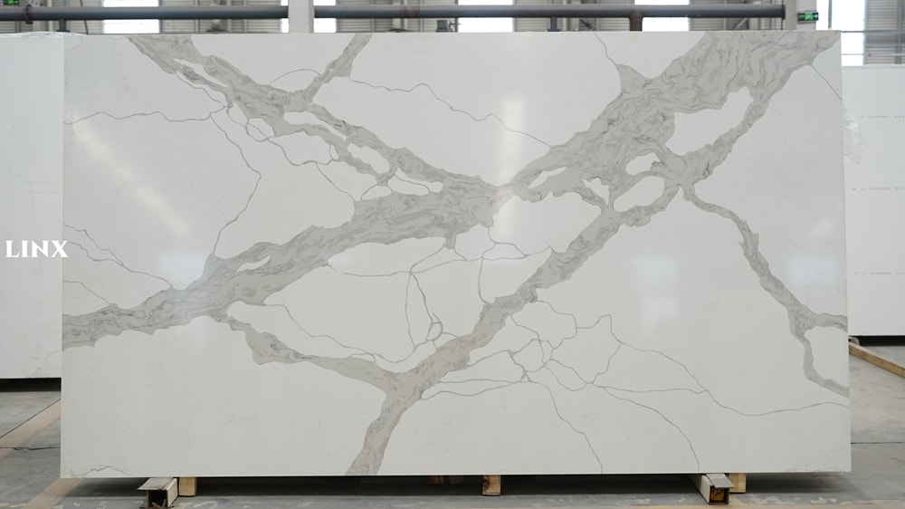 LX2006 CALACATTA WHITE QUARTZ STONE FEATURE LINX SURFACES