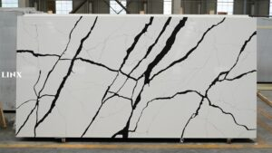 LX6676 CALACATTA BLACK VIEN QUARTZ STONE FEATURE LINX SURFACES