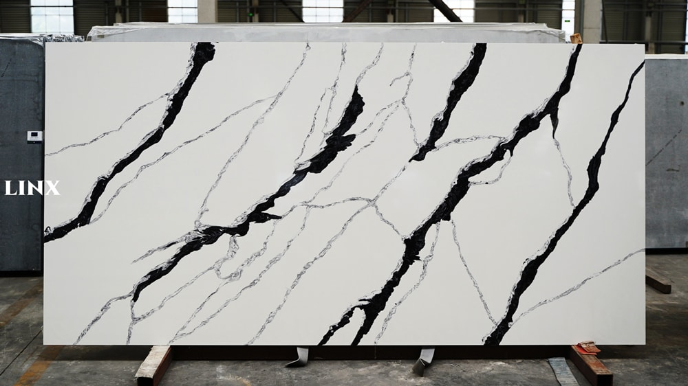 LX6816 CALACATTA BLACK VEIN QUARTZ STONE FEATURE LINX SURFACES