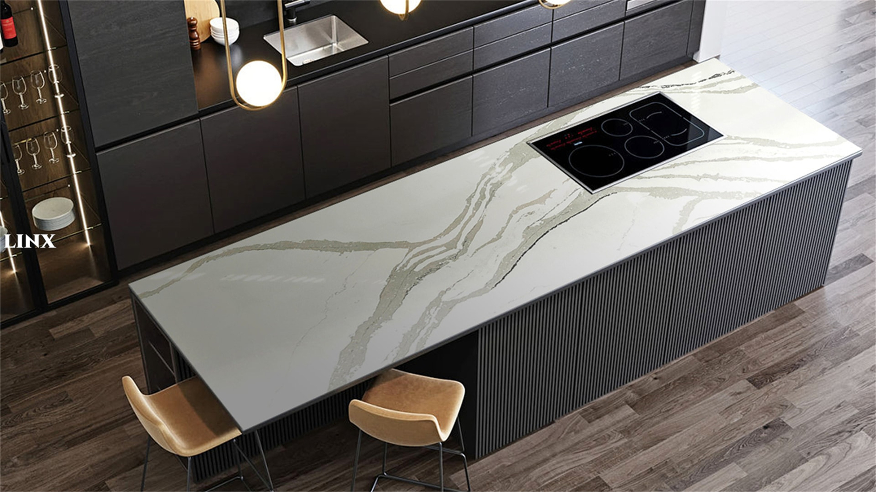 LX1008 CALACATTA WHITE QUARTZ STONE KITCHEN COUNTERTOPS LINX SURFACES