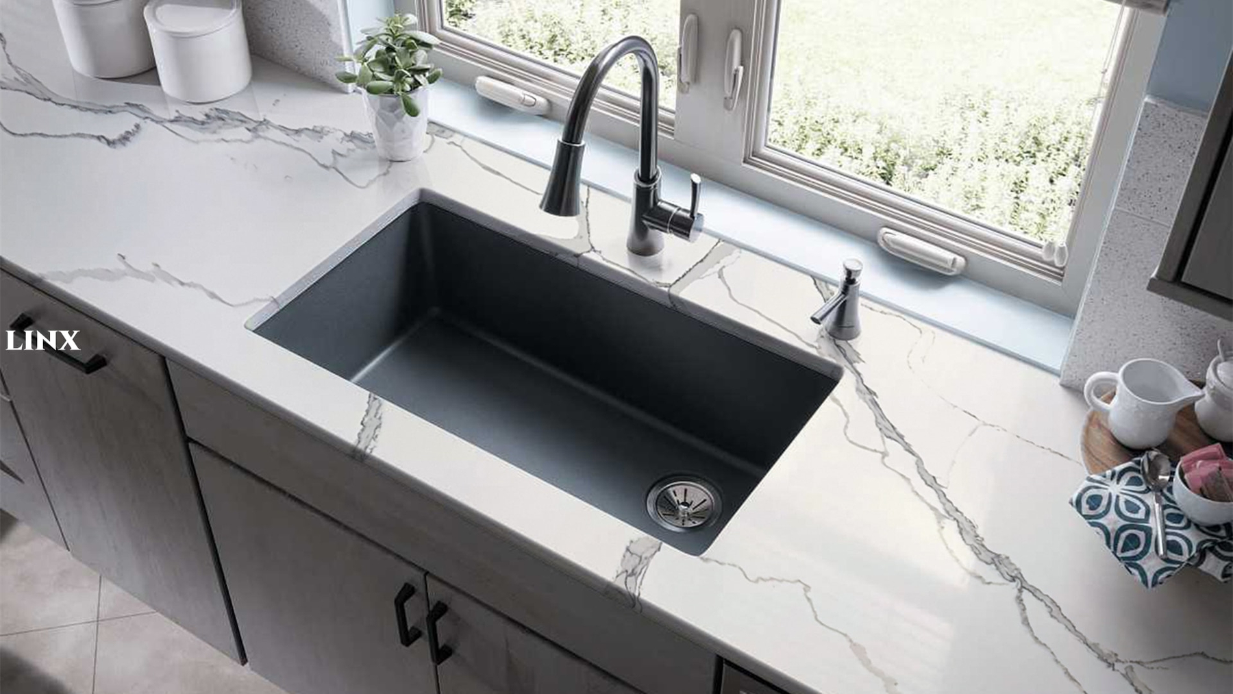 LX1012 CALACATTA WHITE QUARTZ STONE KITCHEN COUNTERTOPS LINX SURFACES