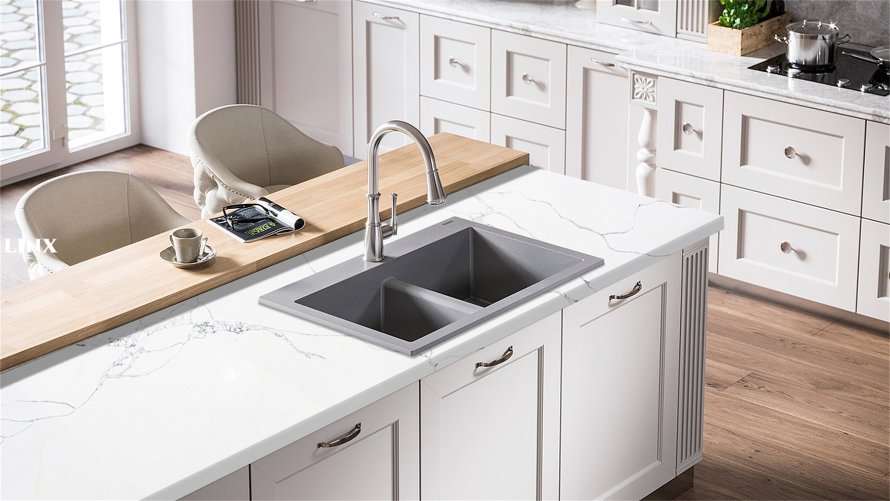 LX1126 CALACATTA WHITE QUARTZ STONE COUNTERTOP LINX SURFACES