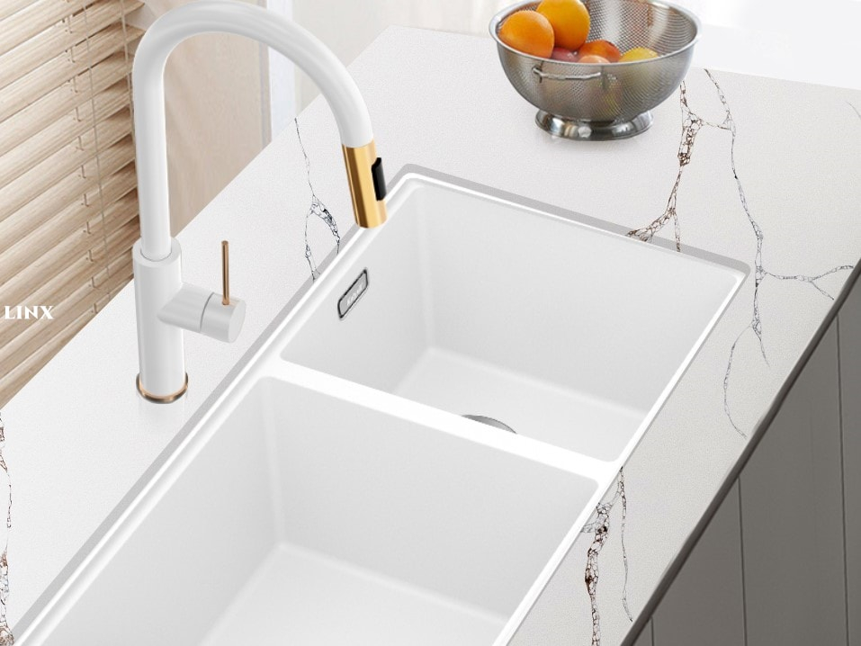 LX1127 CALACATTA WHITE QUARTZ STONE COUNTETOP 3 LINX SURFACES