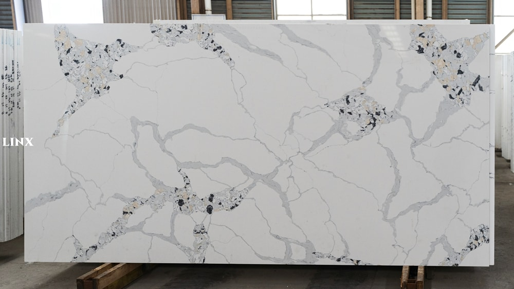 LX1216 CALACATTA WHITE QUARTZ STONE FEATURE LINX SURFACES