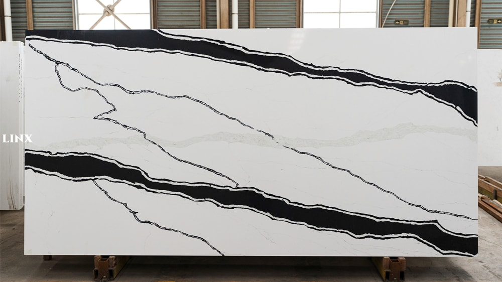 LX1219 CALACATTA BLACK VEIN QUARTZ STONE FEATURE LINX SURFACES