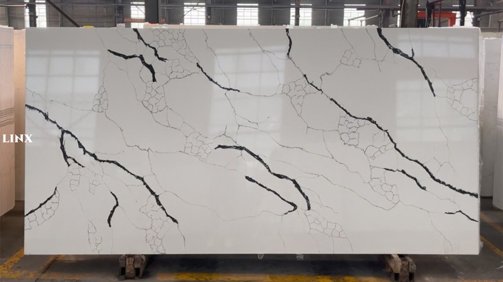 LX1687 CALACATTA BLACK VEIN QUARTZ STONE FEATURE LINX SURFACES