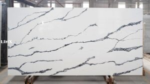 LX3708 CALACATTA WHITE QUARTZ STONE FEATURE LINX SURFACES