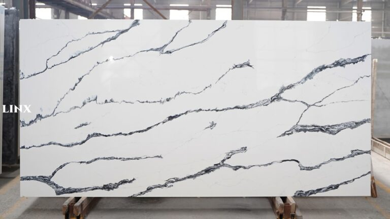 LX3708 CALACATTA WHITE QUARTZ STONE FEATURE LINX SURFACES