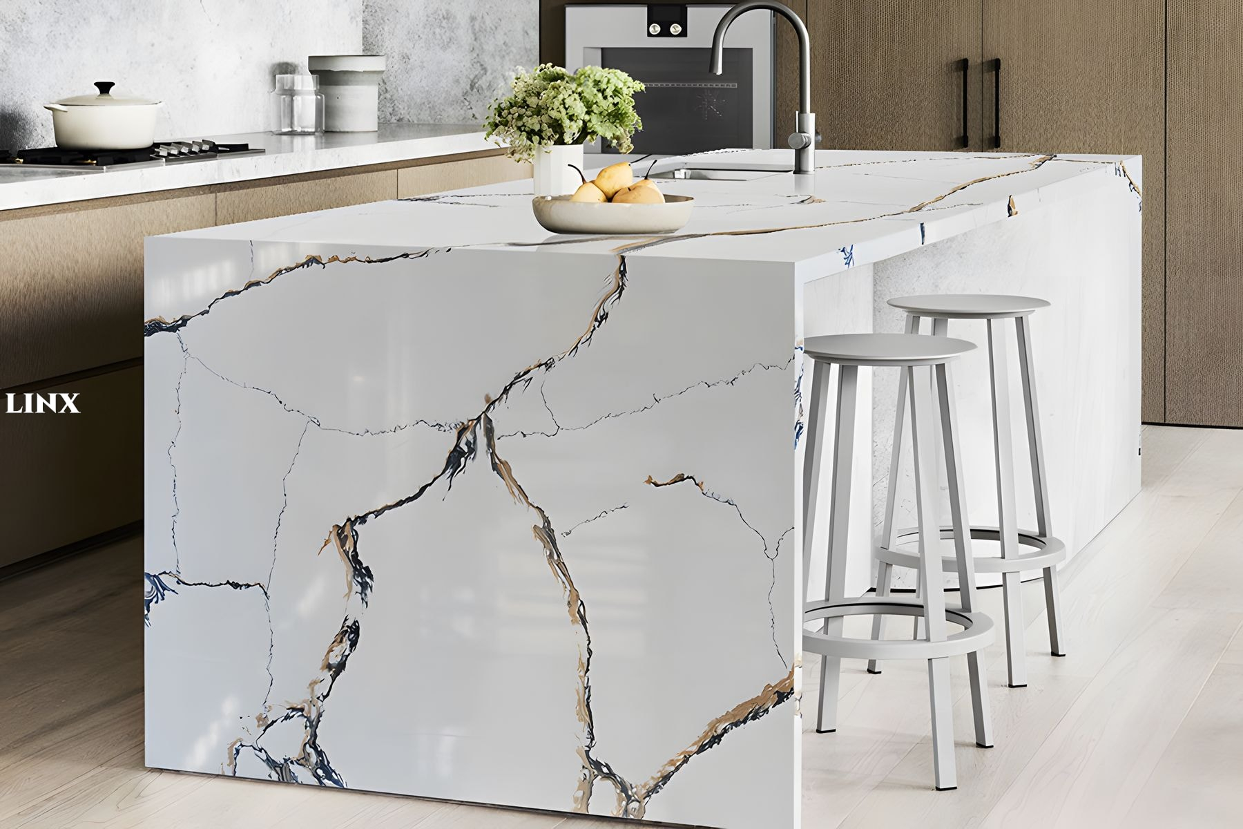 LX4023 CALACATTA GOLD QUARTZ STONE COUNTERTOP 1 LINX SURFACES