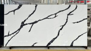 LX6792 CALACATTA BLACK VEIN QUARTZ STONE FEATURE LINX SURFACES