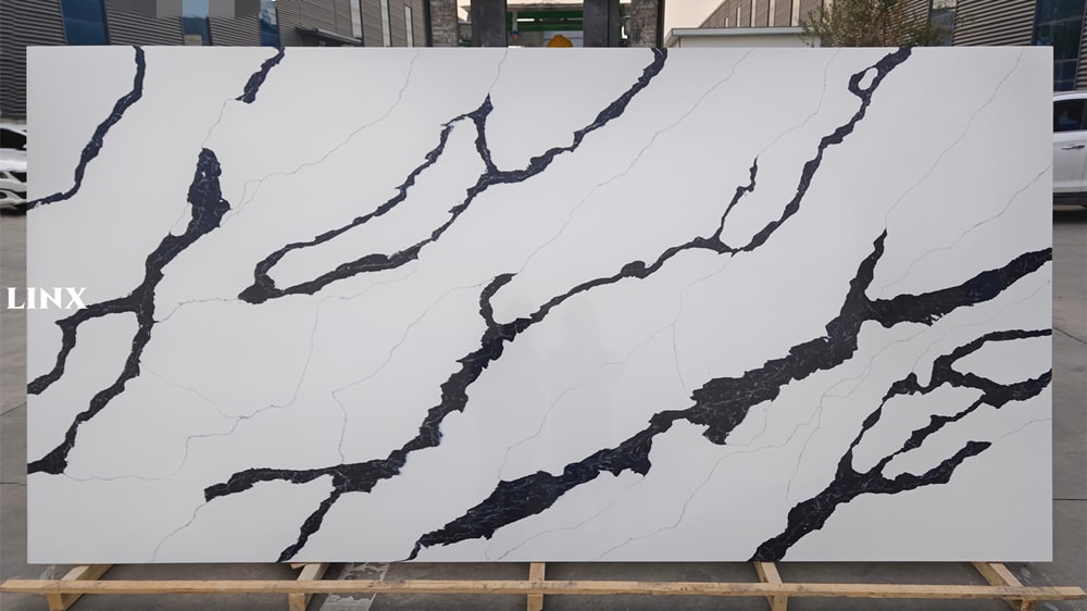 LX6853 CALACATTA BLACK VEIN QUARTZ STONE FEATURE LINX SURFACES