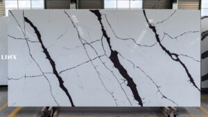 LX7077 CALACATTA BLACK VEIN QUARTZ STONE FEATURE LINX SURFACES