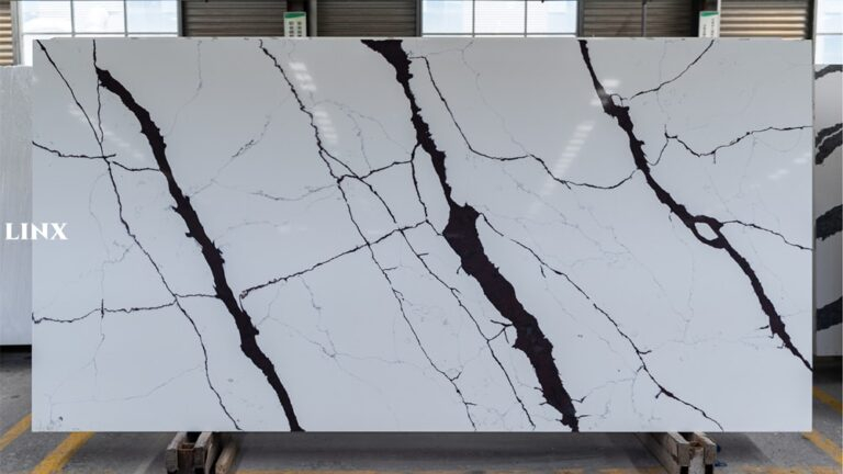 LX7077 CALACATTA BLACK VEIN QUARTZ STONE FEATURE LINX SURFACES