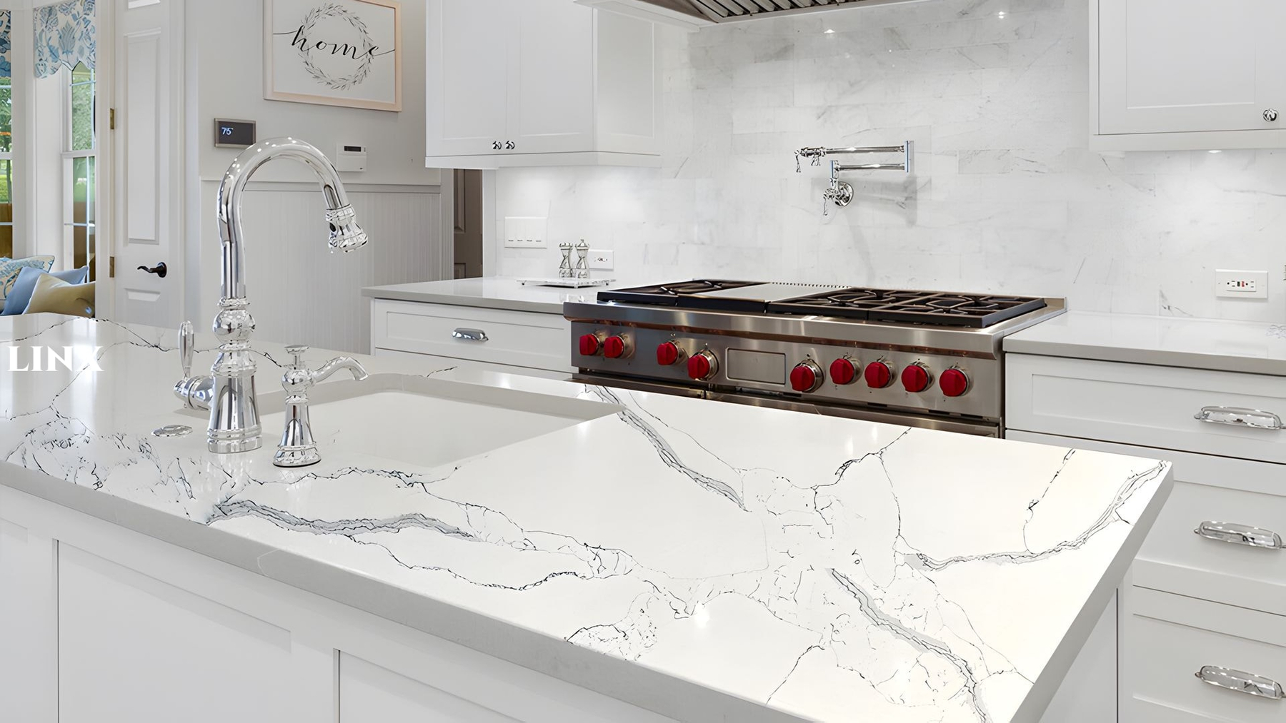 LX7251 CALACATTA WHITE QUARTZ STONE COUNTERTOP LINX SURFACES