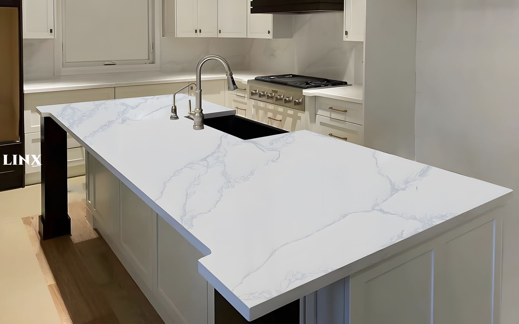LX8008 CALACATTA WHITE QUARTZ STONE COUNTERTOP LINX SURFACES