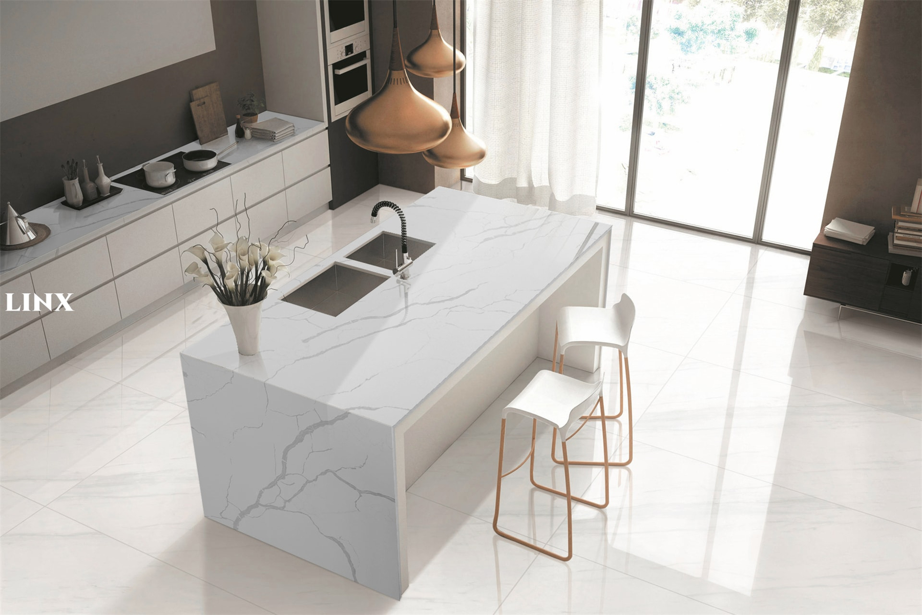 LX8021 CALACATTA WHITE QUARTZ STONE COUNTERTOP 2 LINX SURFACES
