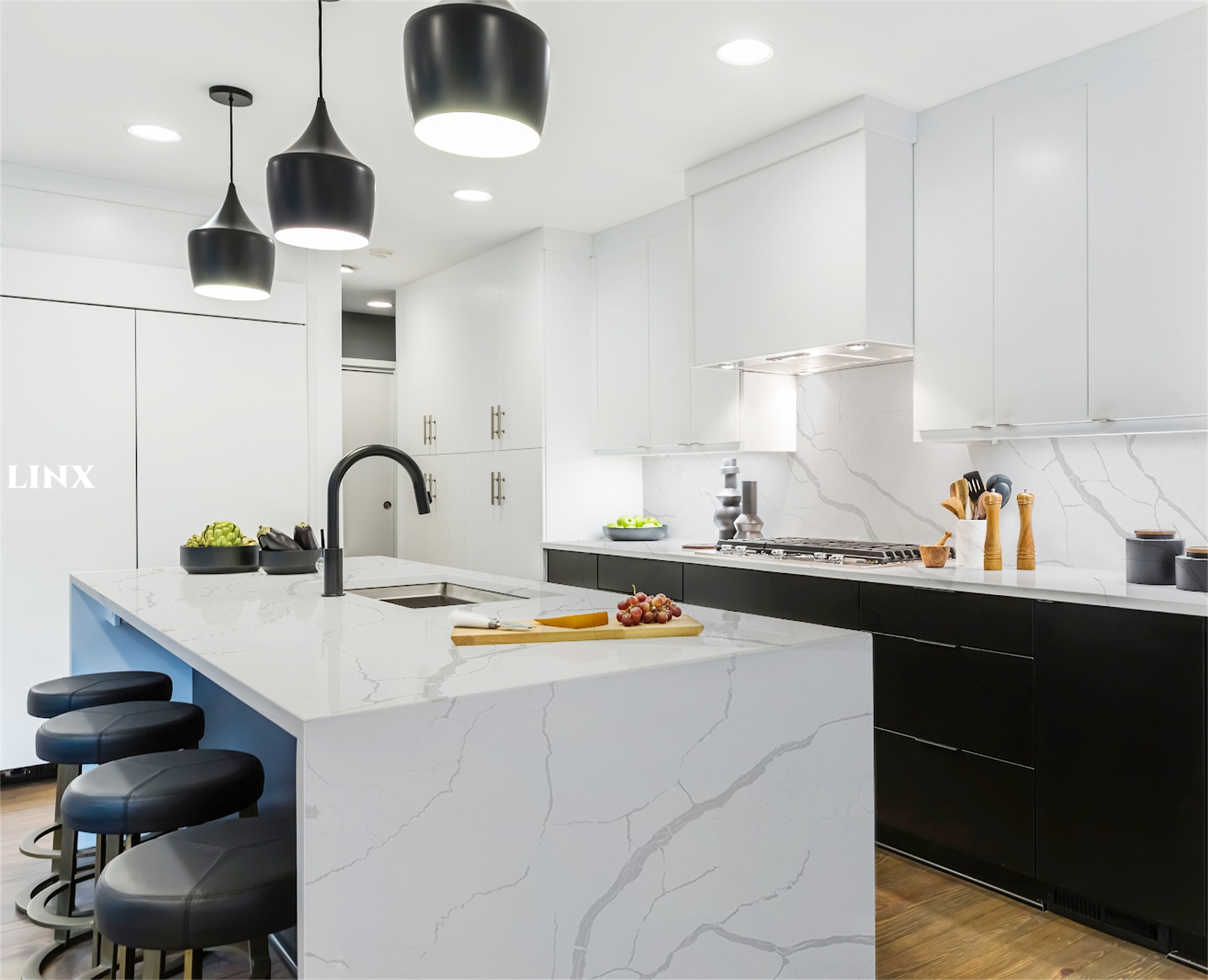 LX8021 CALACATTA WHITE QUARTZ STONE COUNTERTOP 5 LINX SURFACES