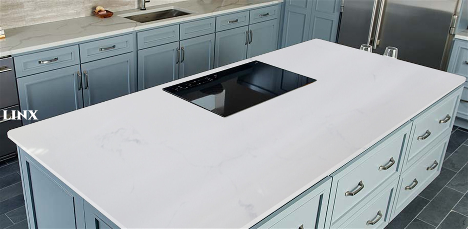 LX8034 CALACATTA WHITE QUARTZ STONE COUNTERTOP LINX SURFACES