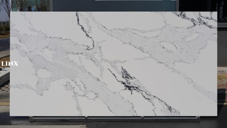 LX9043 CALACATTA WHITE QUARTZ STONE FEATURE LINX SURFACES