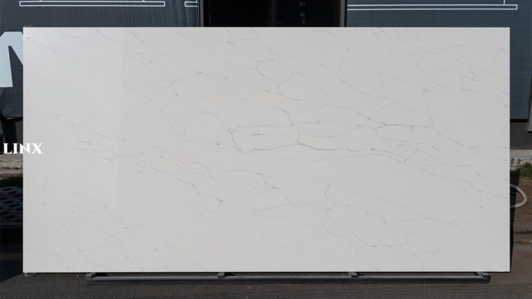 LX9052 CALACATTA WHITE QUARTZ STONE FEATURE LINX SURFACES